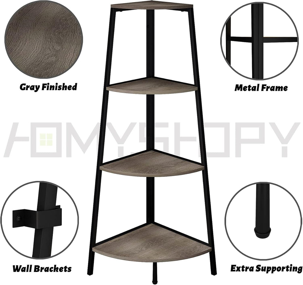 Grey 4 Shelves Corner Bookcase V588274