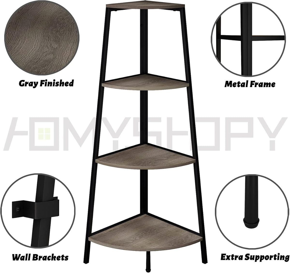 Grey 4 Shelves Corner Bookcase V588274