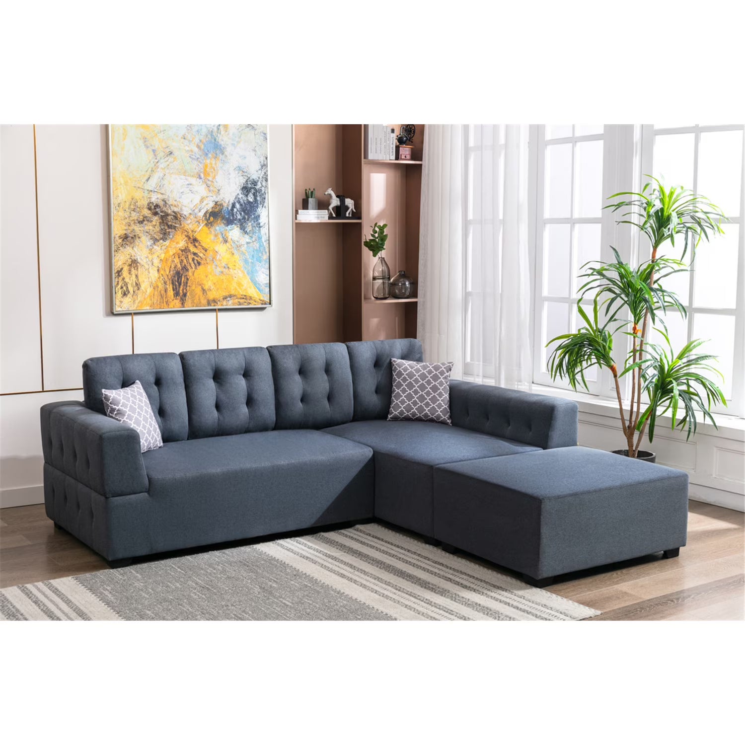 Dark Gray Linen Fabric Sectional Sofa with Ottoman and Pillows B338
