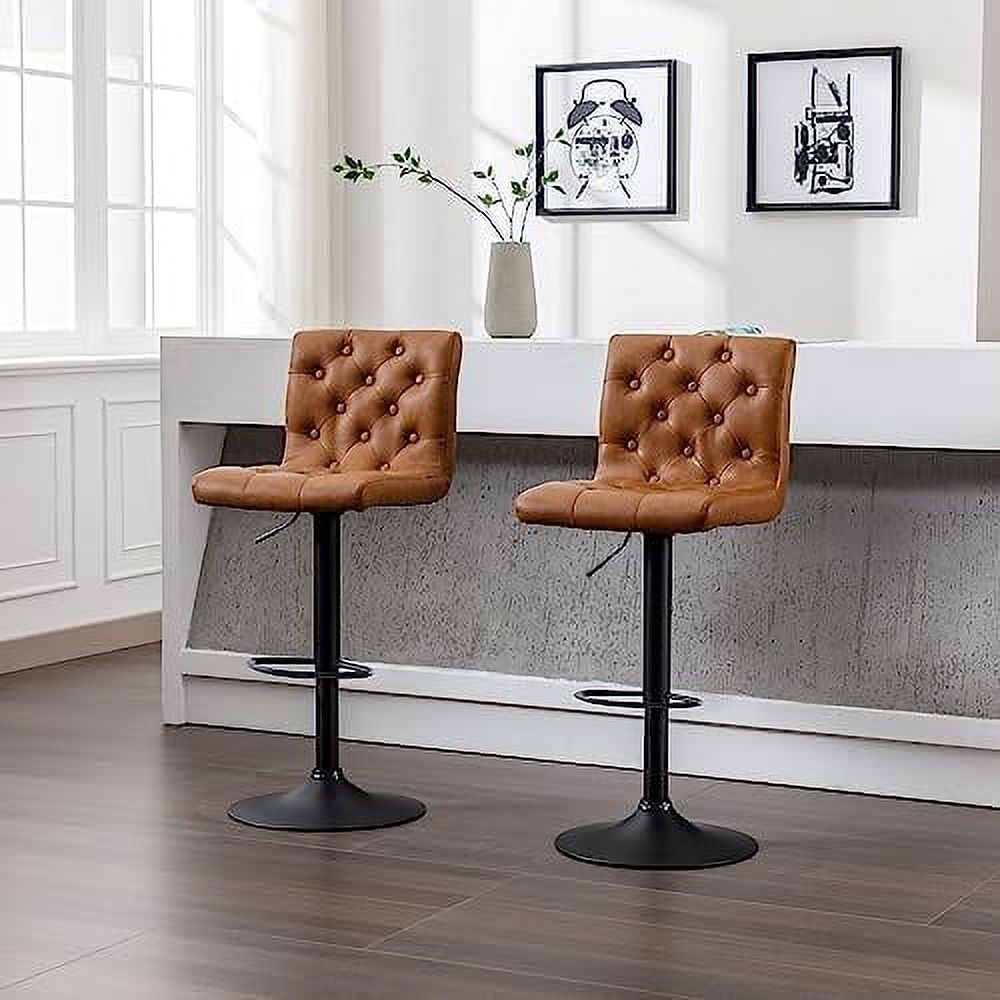 Set of 4 Adjustable Swivel Counter Height Stools with Button Tufted Back Faux Leather Upholstered Island Chairs with Footrest Black V7374