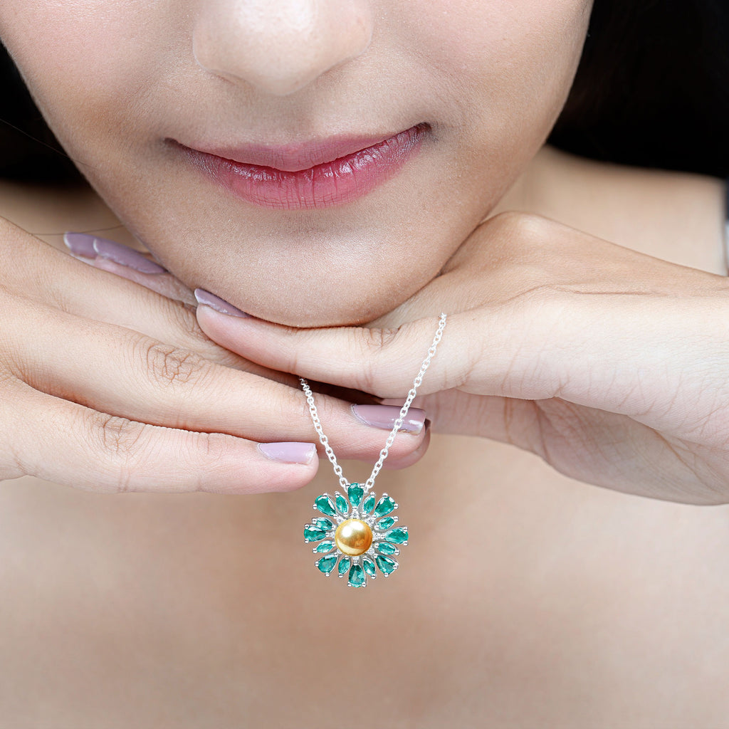 18K White Gold Floral Pendant Necklace with South Sea Pearl, Emerald and Diamond X4652