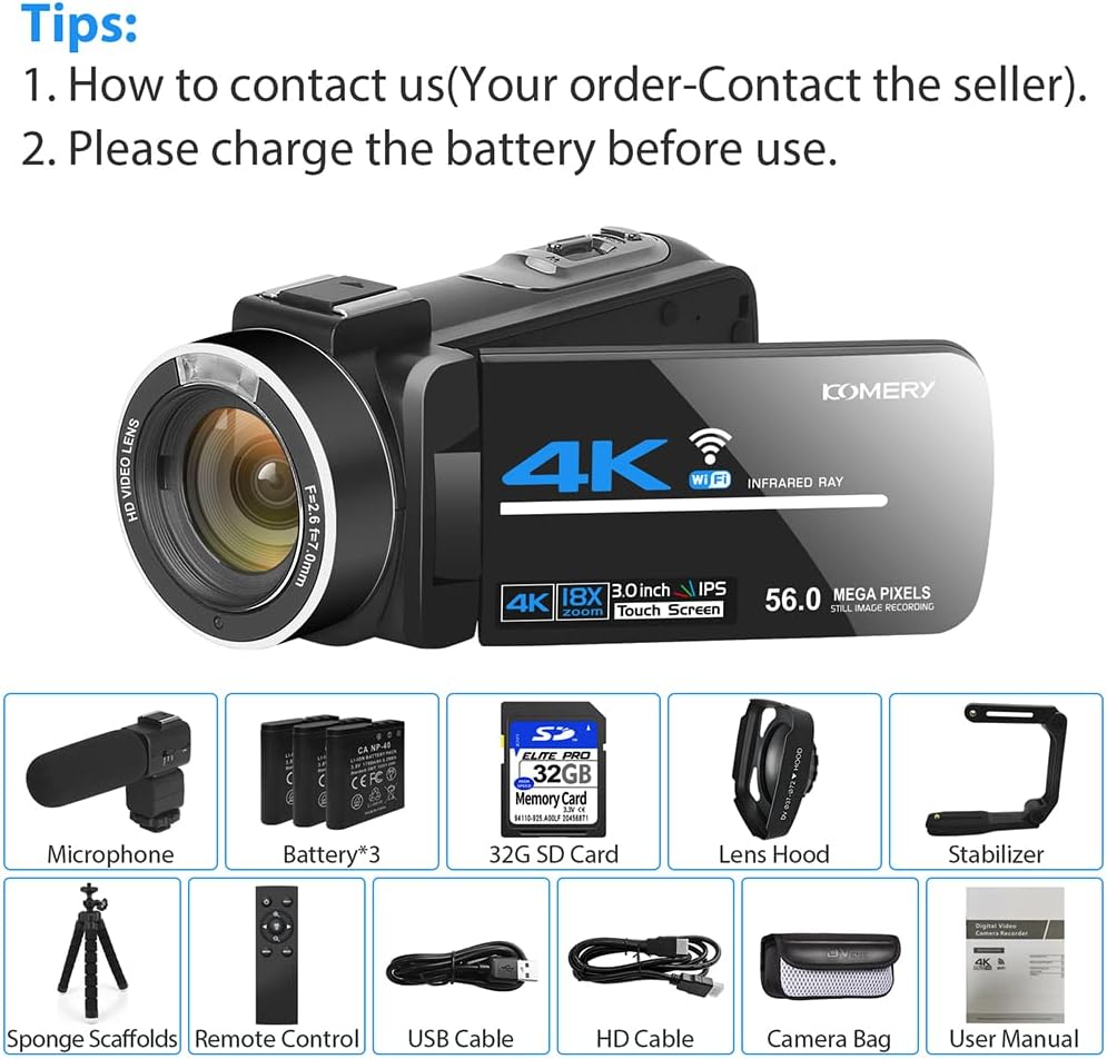 4K 56MP UHD Video Camera Camcorder with 32G SD Card IR Night Vision 18X Digital Zoom WiFi X895