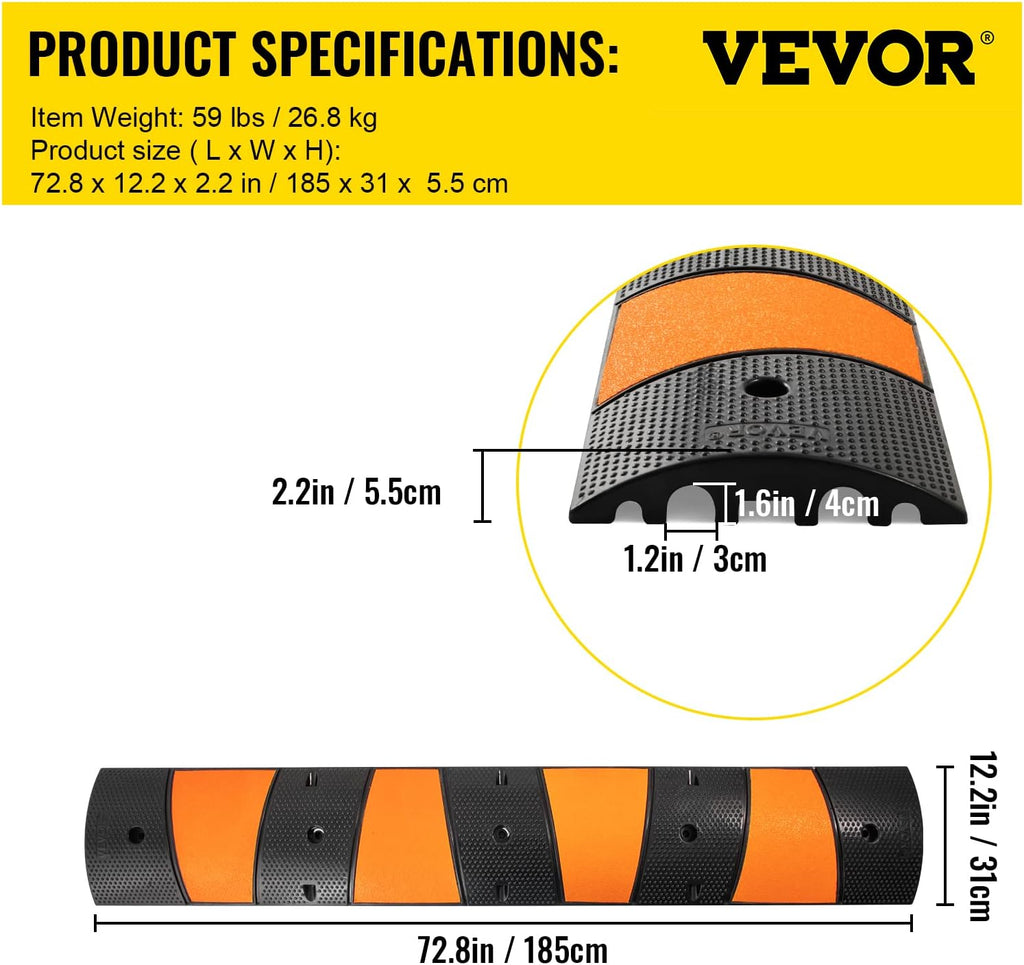 Rubber Speed Bump, 2 Pack, 72.8 Long Modular Speed Bump, 22000 LBS Load Capacity N372189