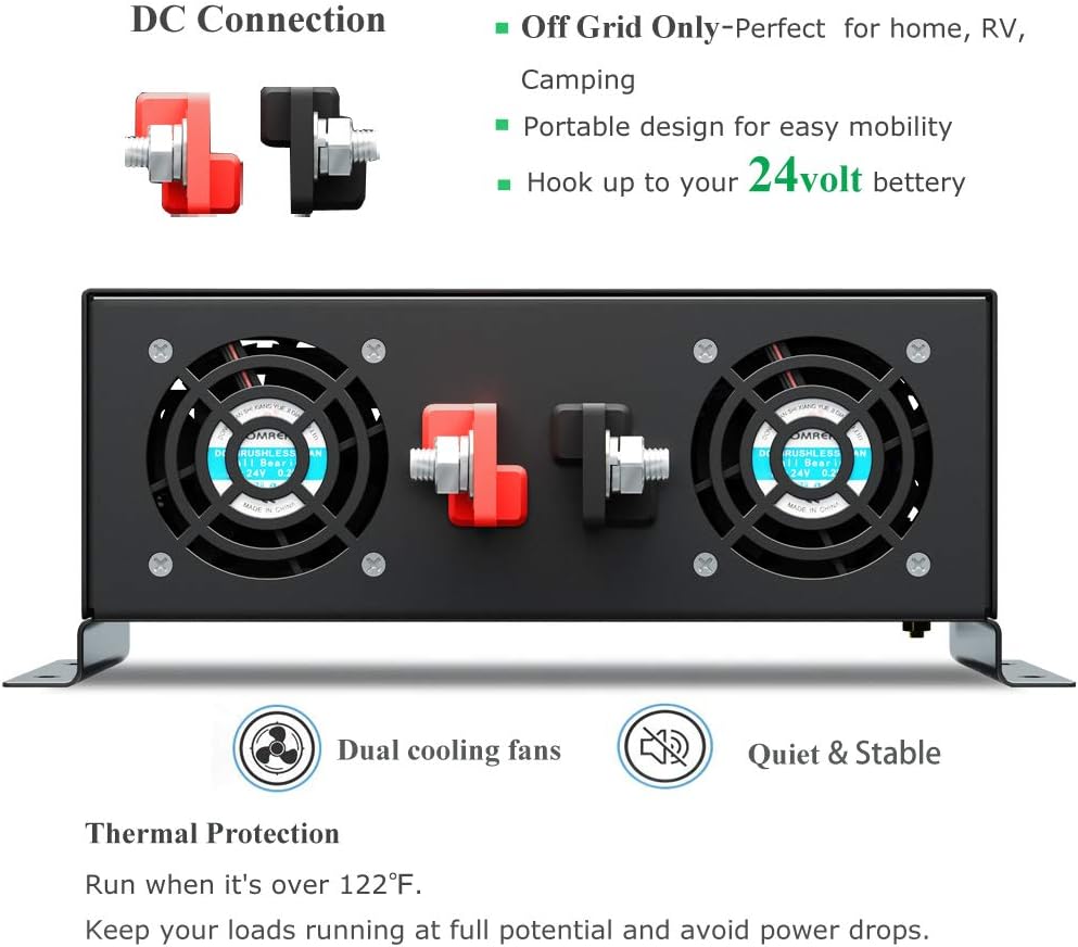 3000 Watt 24V DC Pure Sine Wave Power Inverter with Remote Control Switch, Dual 110V 120V AC Outlets Q291