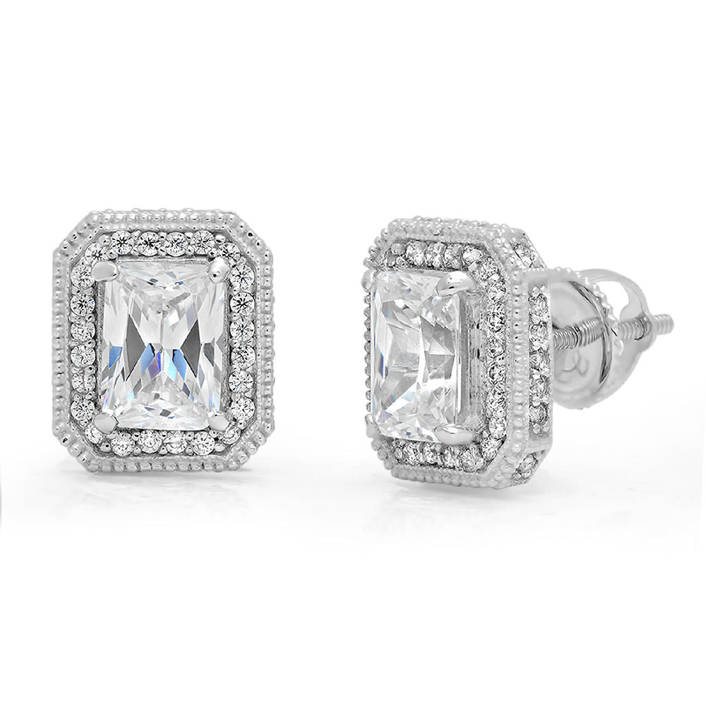 18K White Gold Emerald Cut Halo Stud Earrings D896