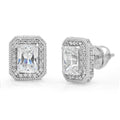 18K White Gold Emerald Cut Halo Stud Earrings D896