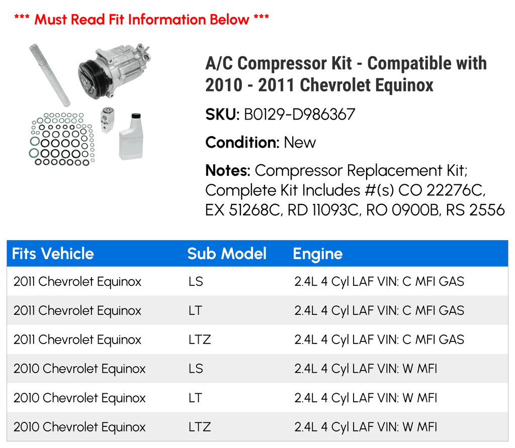 A/C Compressor Kit for 2010 - 2011 Chevy Equinox T317282