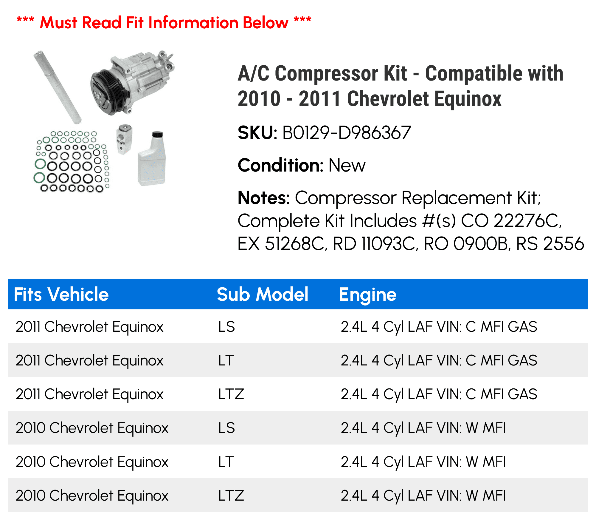 A/C Compressor Kit for 2010 - 2011 Chevy Equinox T317282