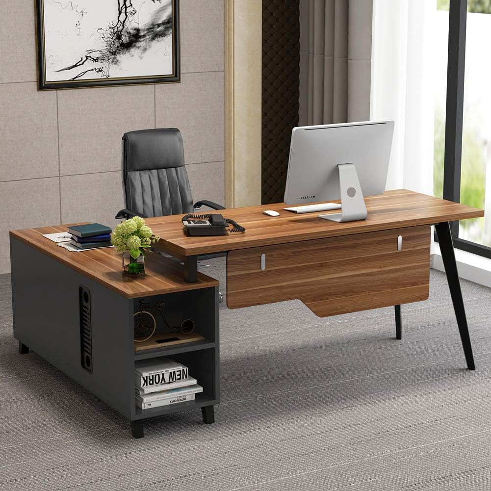 Dark Walnut L-Shaped Desk with Storage Shelves and File Cabinet Combo P520770