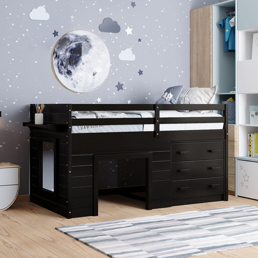 Grey Twin Loft Bed with Two Cabinets, Five Storage Drawers, Five Shelves, Ladder and Guardrail Z2249
