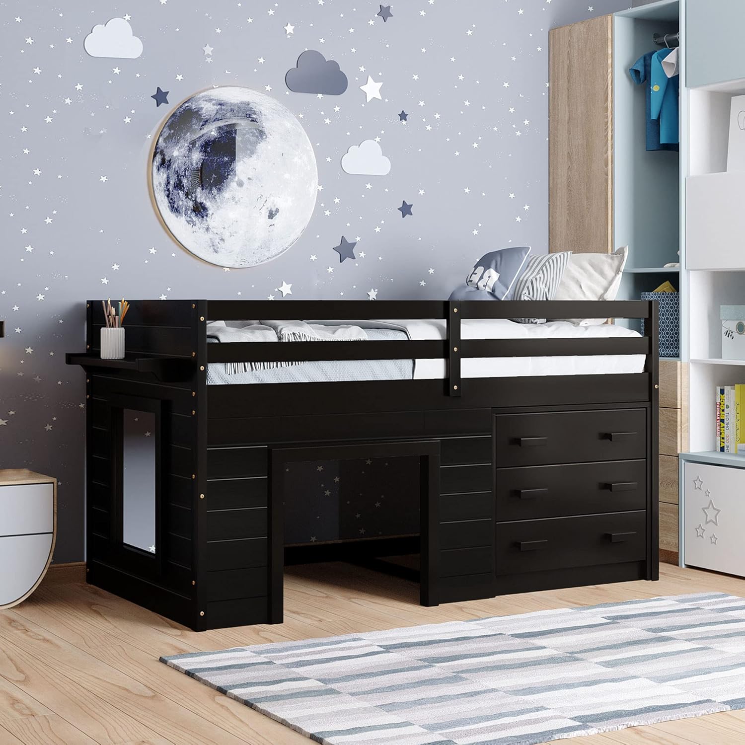 Grey Twin Loft Bed with Two Cabinets, Five Storage Drawers, Five Shelves, Ladder and Guardrail Z2249