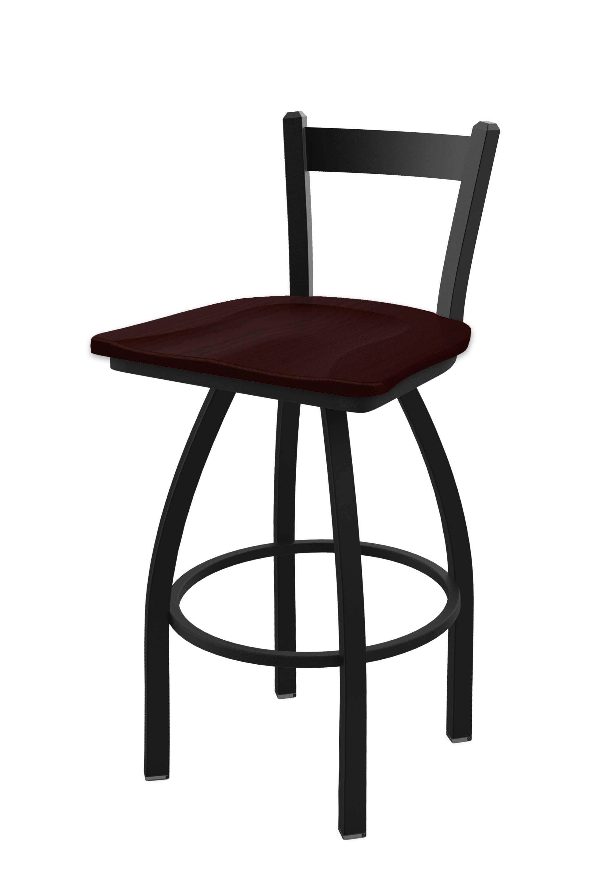 Low Back Swivel Bar Stool with Black Wrinkle Finish and Dark Cherry Oak Seat F454