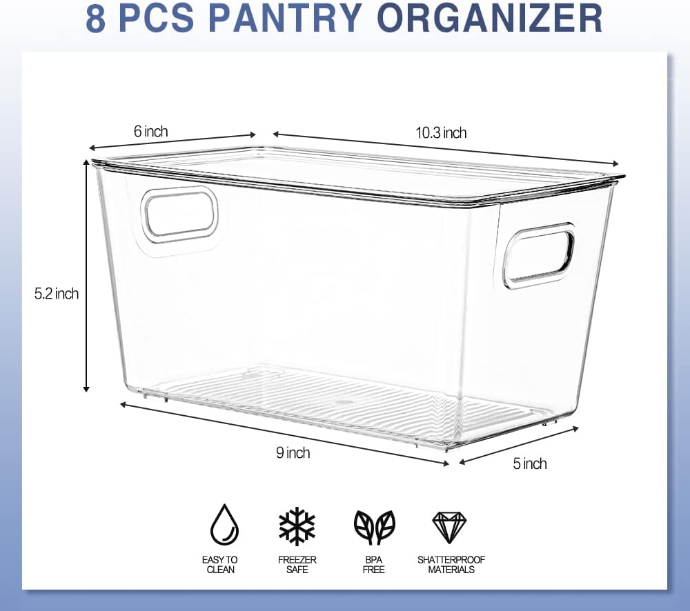 8 Pack Large Clear Fridge Organizer Bins with Lids and Handles E3603