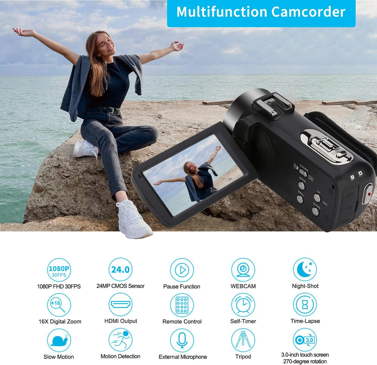 FHD 1080P Camcorder with Tripod and 2 Batteries L688