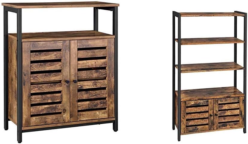 Rustic Brown Bookshelf with 3 Shelves and 2 Louvered Doors, Rustic Brown and Black Storage Cabinet D34101