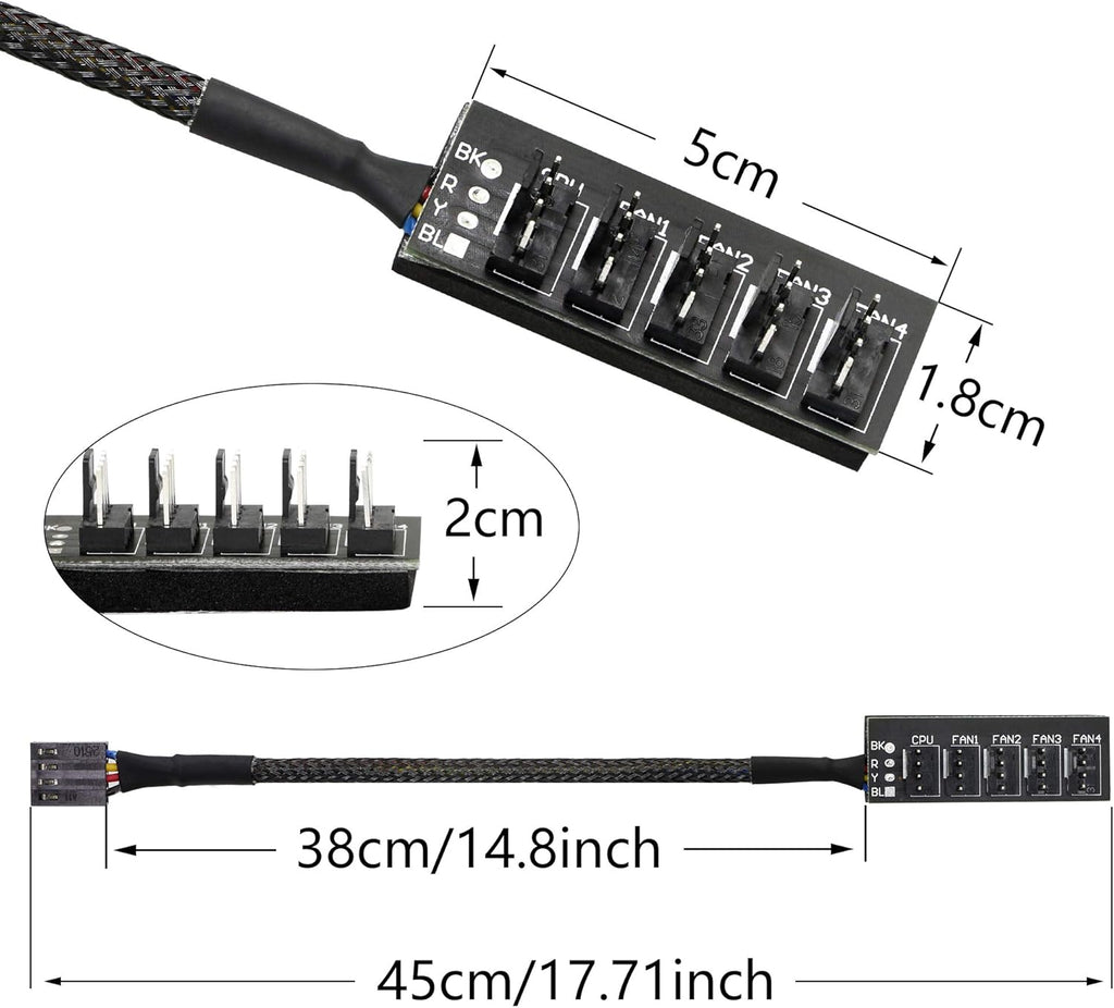 4 Pin PWM Fan Hub Splitter Power Supply Cable 1 to 5 Way PC CPU Cooling Case Fan Power Extension Cable for ATX Computer Case 4-Pin & 3-Pin Cooling Fans 14.8inch 2-Pack I18829