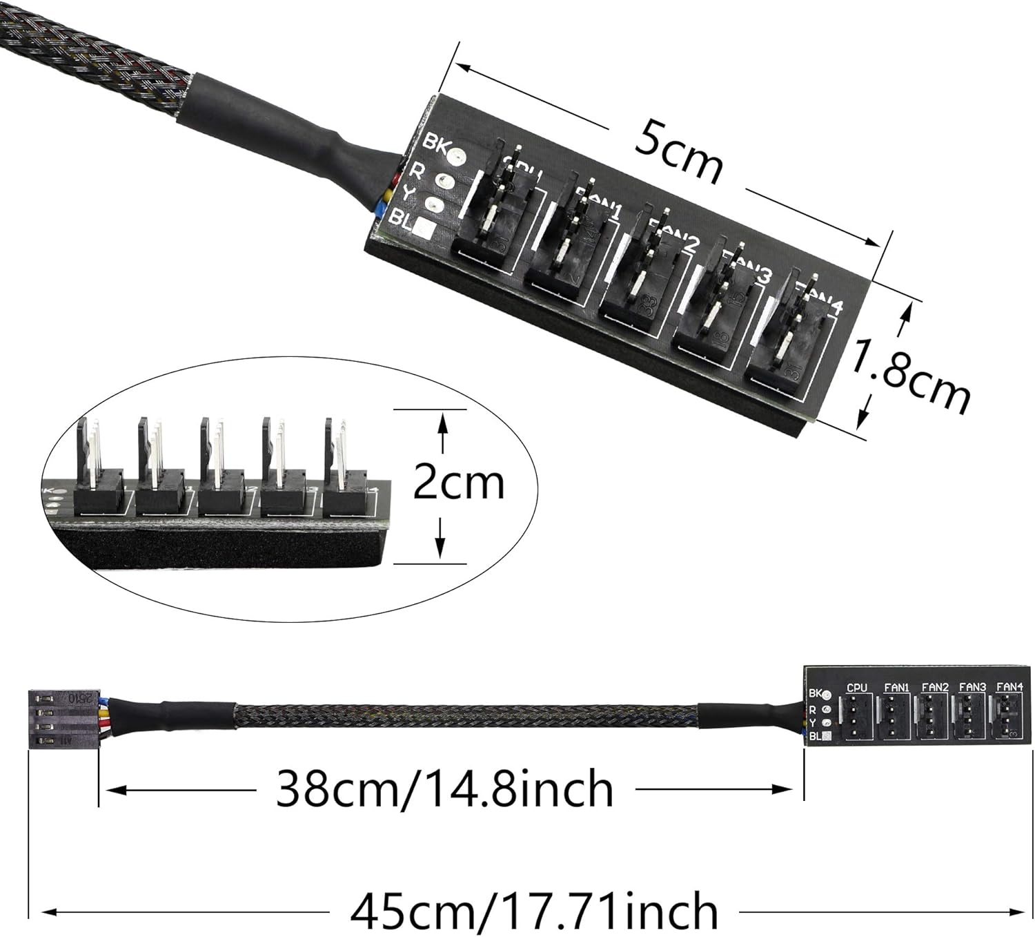 4 Pin PWM Fan Hub Splitter Power Supply Cable 1 to 5 Way PC CPU Cooling Case Fan Power Extension Cable for ATX Computer Case 4-Pin & 3-Pin Cooling Fans 14.8inch 2-Pack I18829