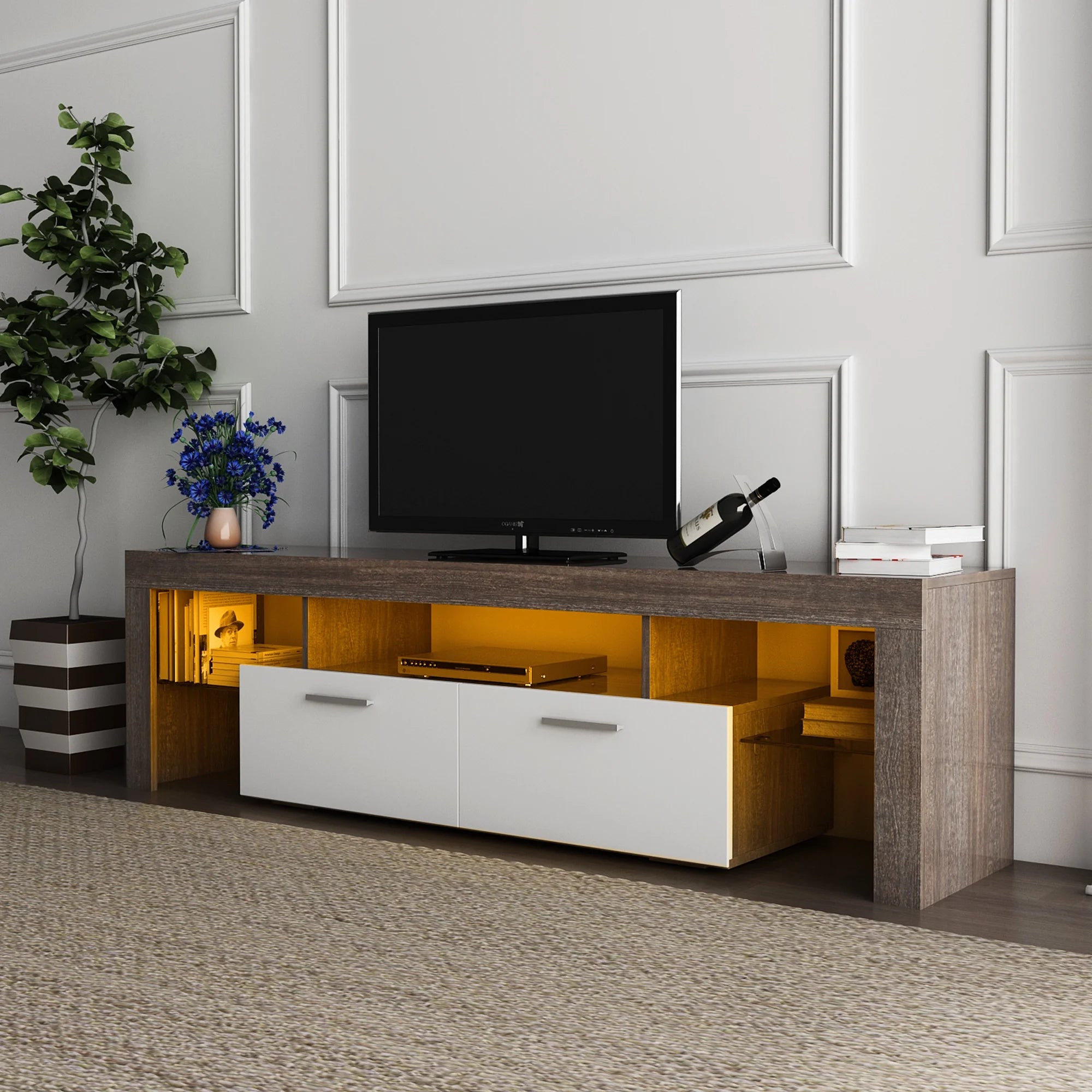 Brown Farmhouse TV Stand with Storage Drawers and Media Shelves Y274
