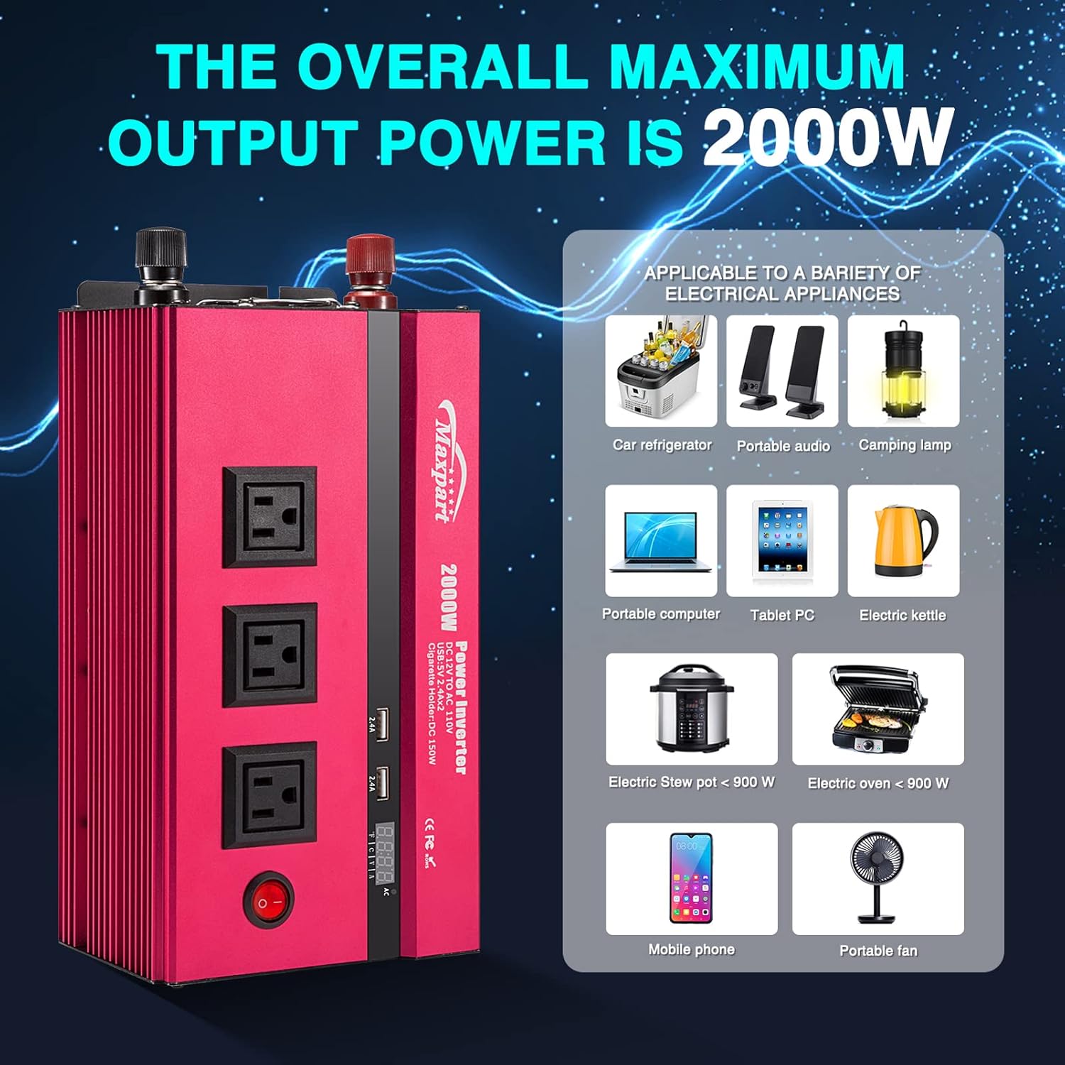 2000W Power Inverter 12v to 110v AC to DC Converter with 3 AC Outlets Dual USB Charging Ports M6316