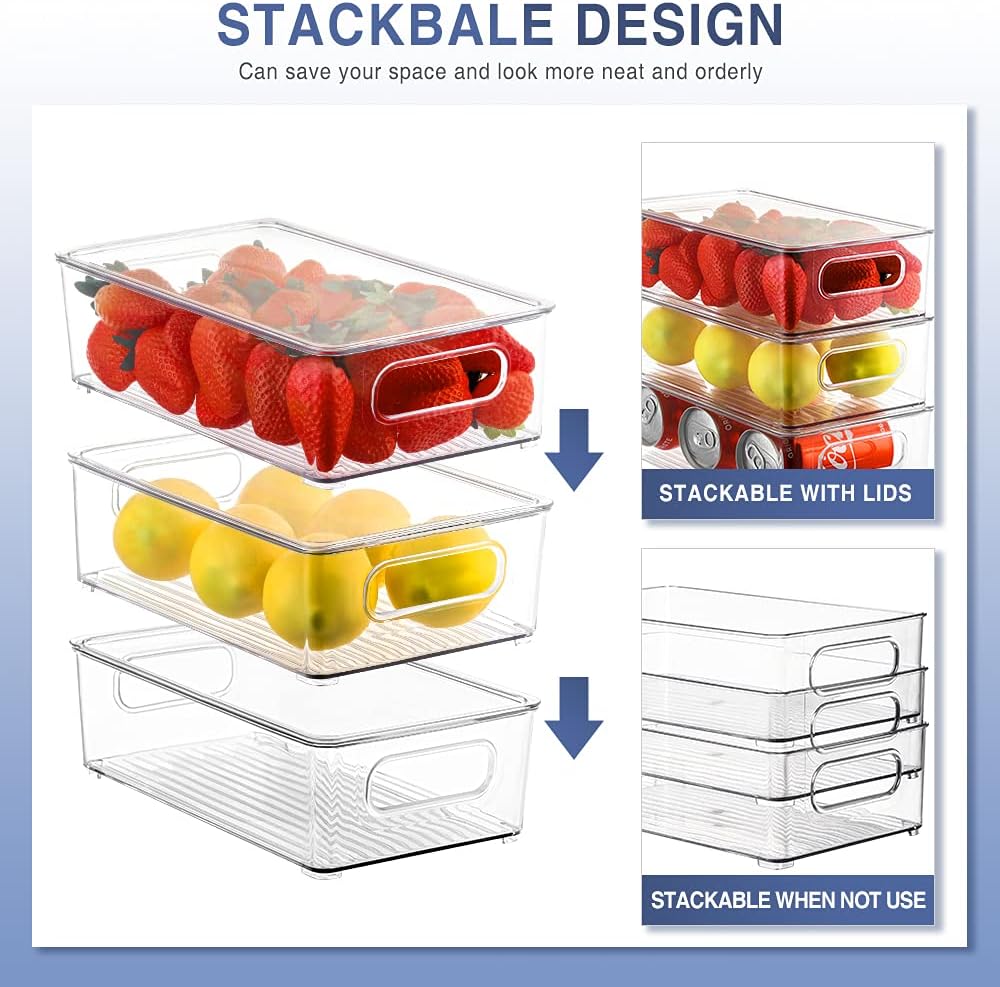 8 Pack Large Clear Fridge Organizer Bins with Lids and Handles E3603