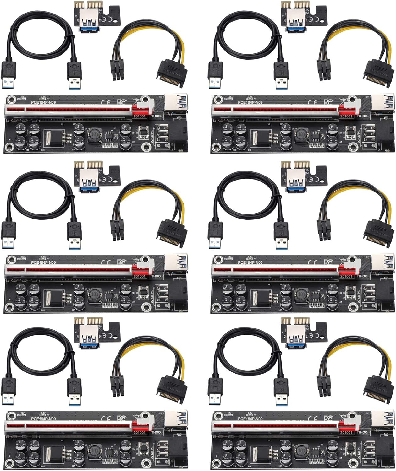 PCI-E 1X to 16X Riser Card with 24in USB 3.0 Extension Cable & 6PIN SATA Power Cable, Black, Pack of 2 C41241