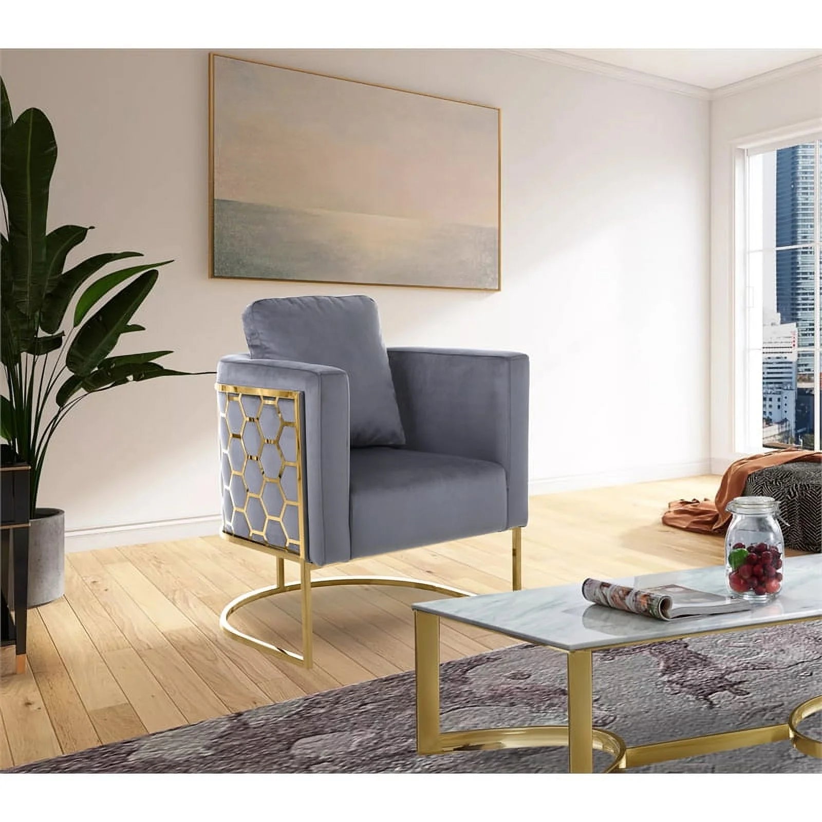 Gray Velvet Chair with Gold Iron Metal Base W224116