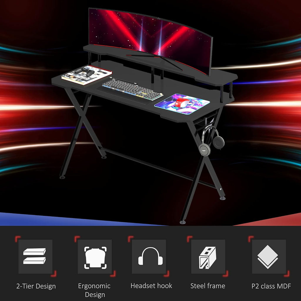 Black 55 inch Gaming Desk with Monitor Stand and Headphone Hook N37469