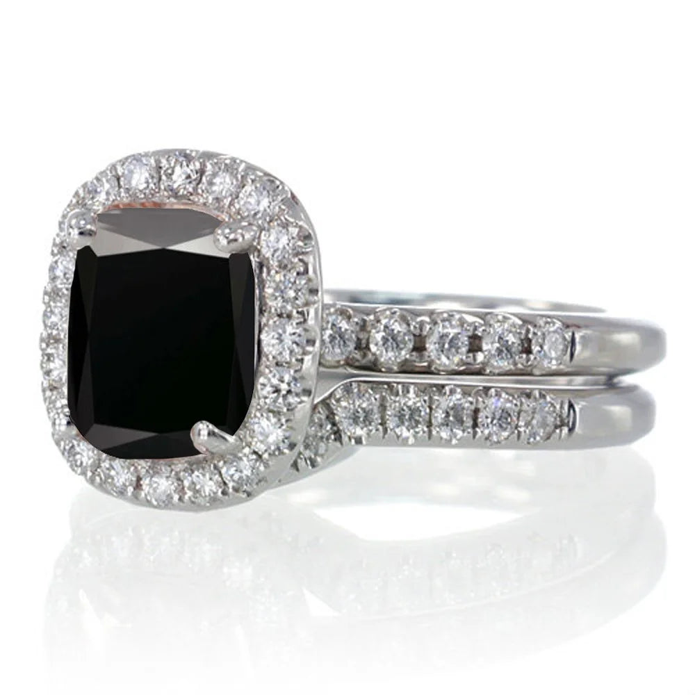 Black Diamond Bridal Ring Set on 10k White Gold R7835