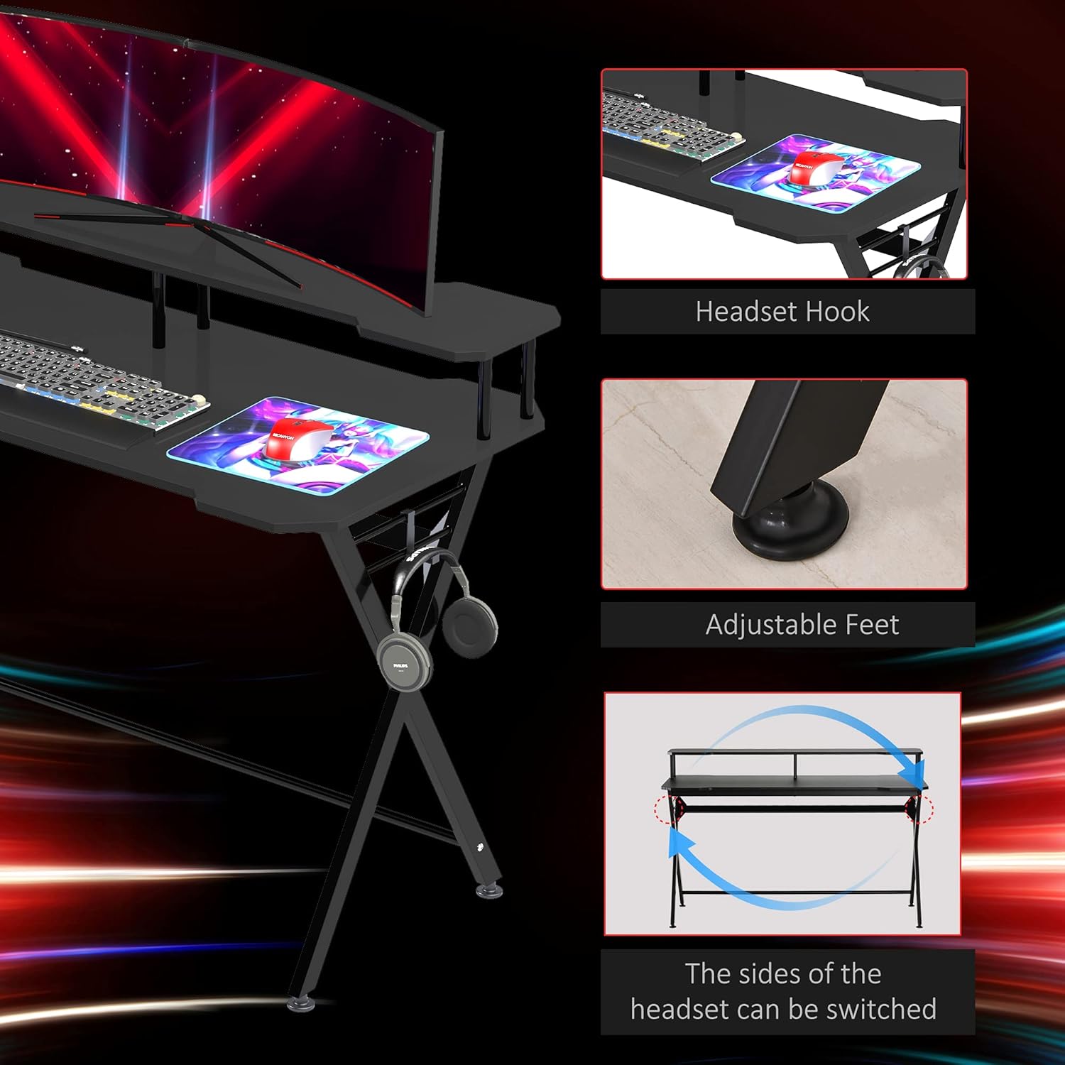 Black 55 inch Gaming Desk with Monitor Stand and Headphone Hook N37469