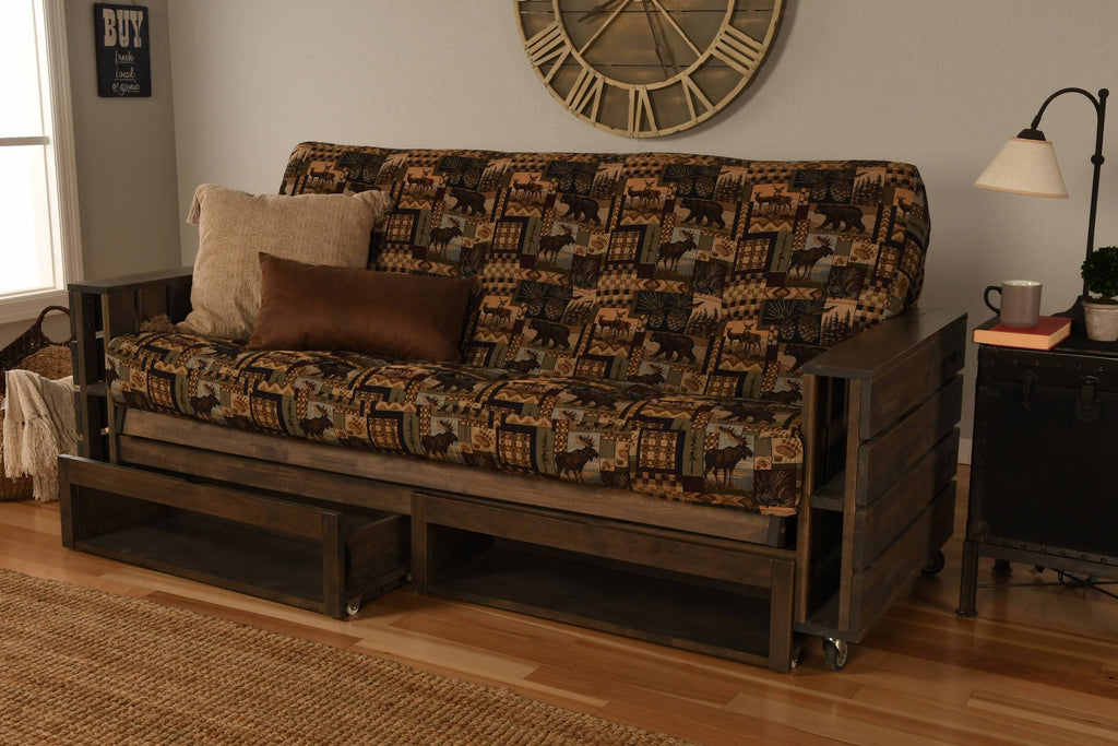 Rustic Walnut Finish Full Futon with Storage Drawers J9696