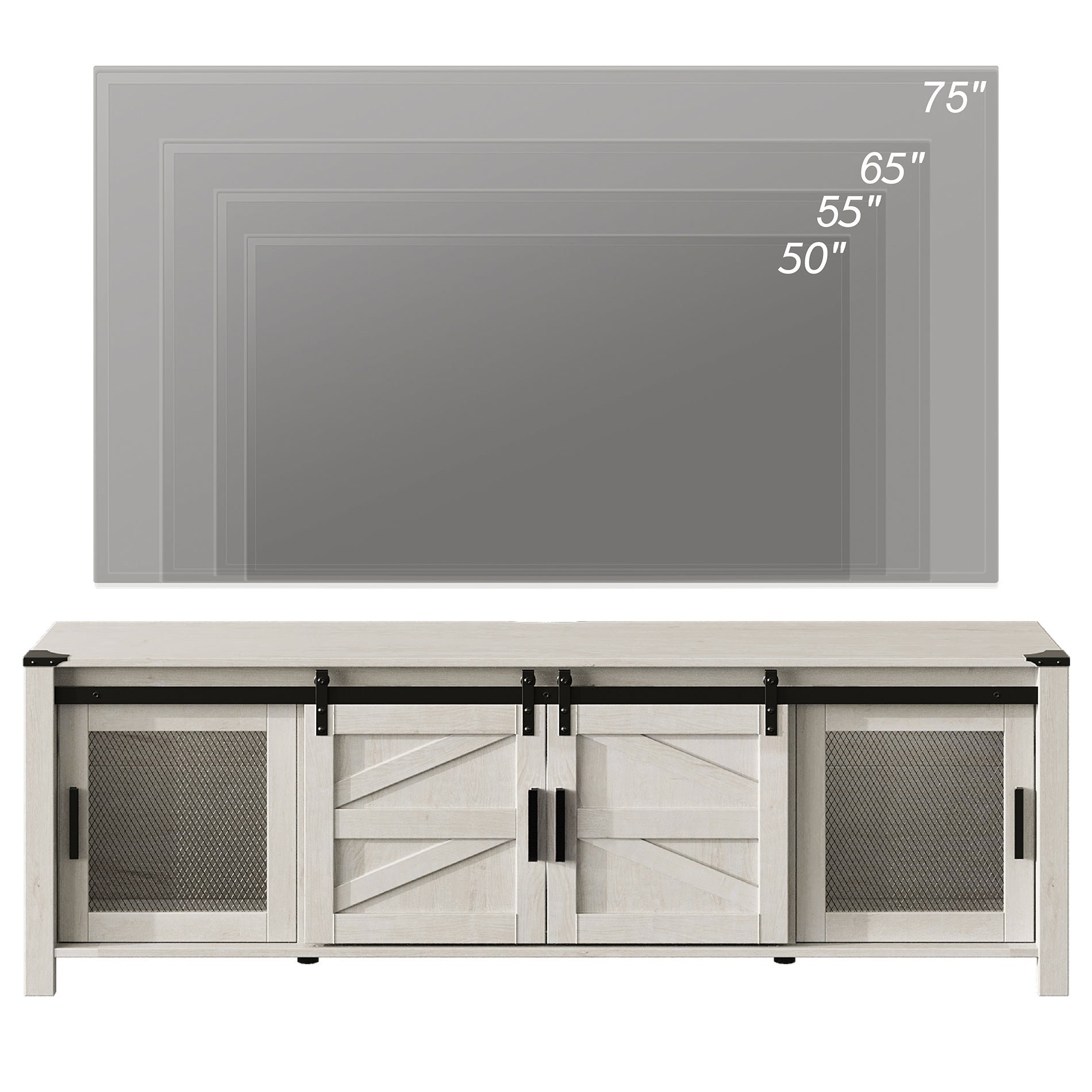 White Wood Entertainment Center for TV with Sliding Barn Door and Storage Shelf C21590