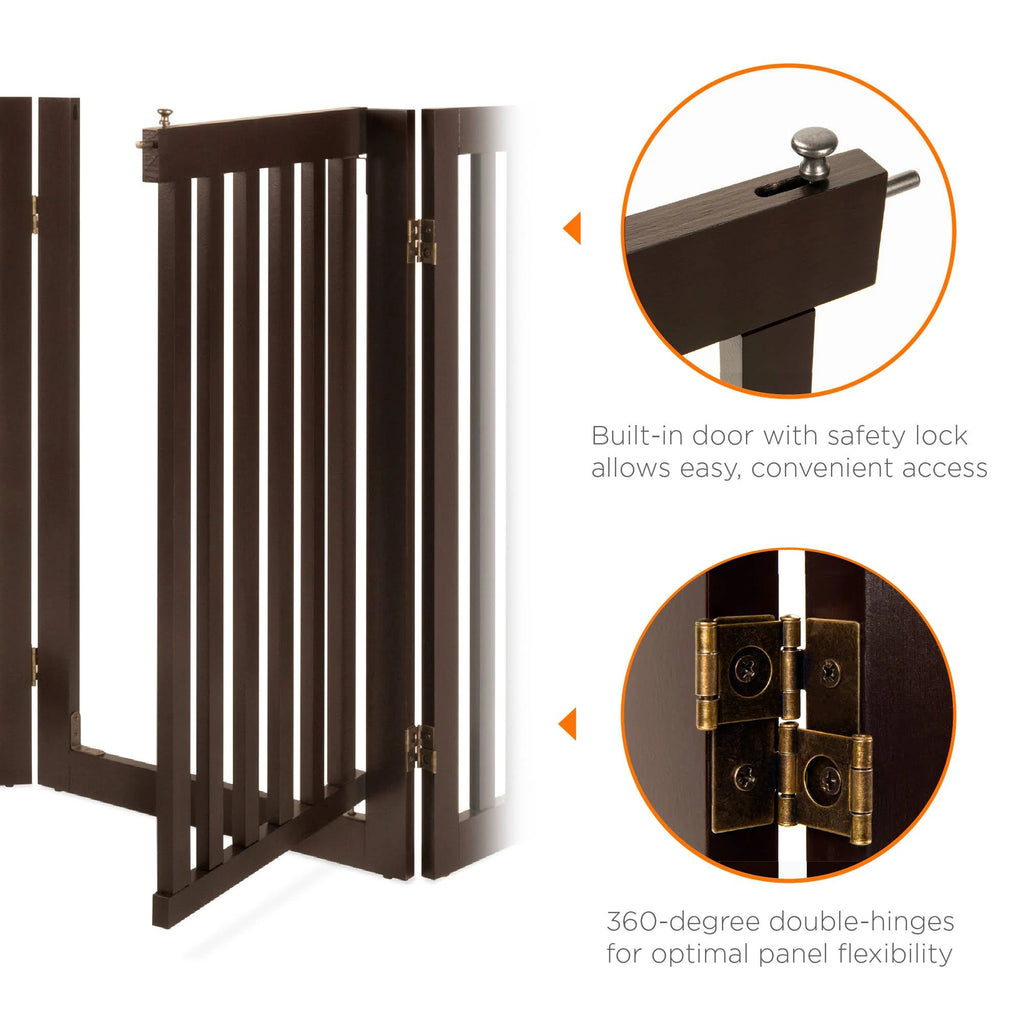 Espresso 4-Panel Freestanding Wooden Pet Gate with Walk Through Door V143300