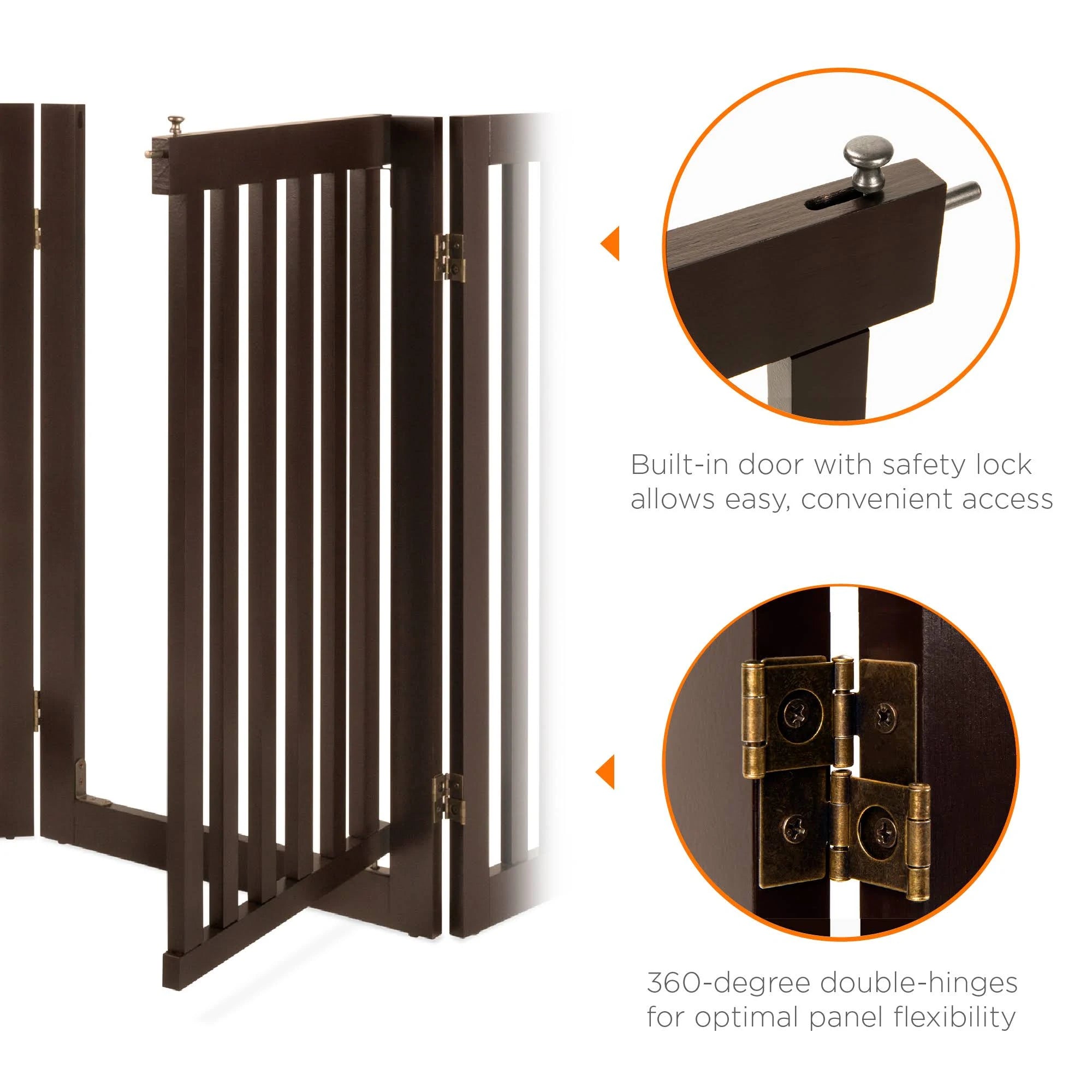 Espresso 4-Panel Freestanding Wooden Pet Gate with Walk Through Door V143300
