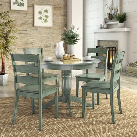 5-Piece Wood Dining Table and 4 Ladder Back Chairs, Dark Sea Green K7240