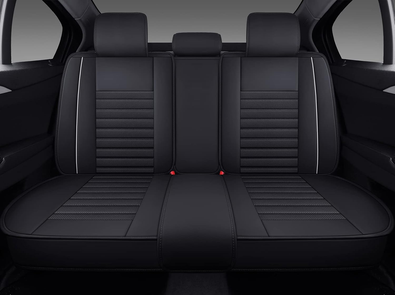 Black-Red Waterproof Leather Car Seat Covers, 5 Sets Full Seat E540588