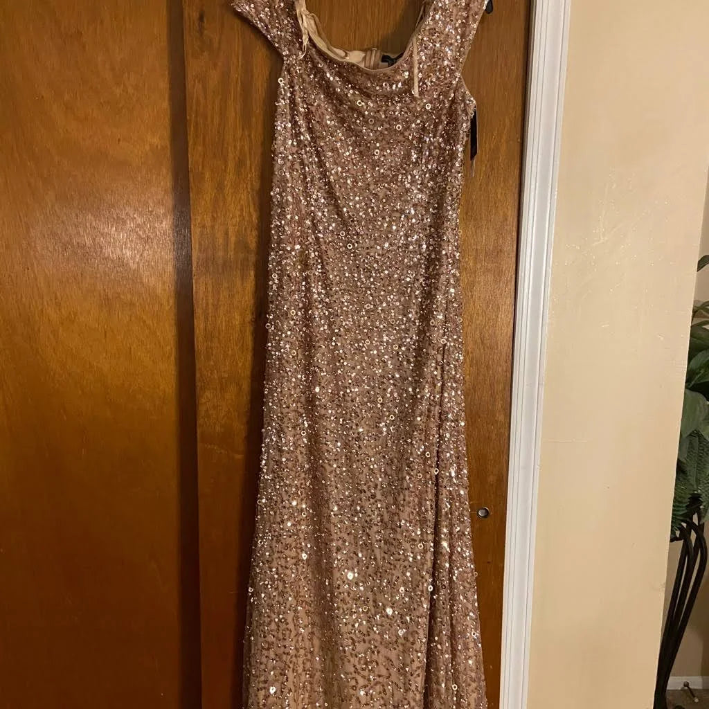 Pink Off The Shoulder Sequin Beaded Gown M4741