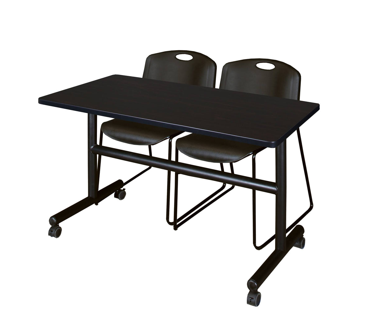 Mahogany Flip Top Mobile Training Table with 2 Stack Chairs X4238