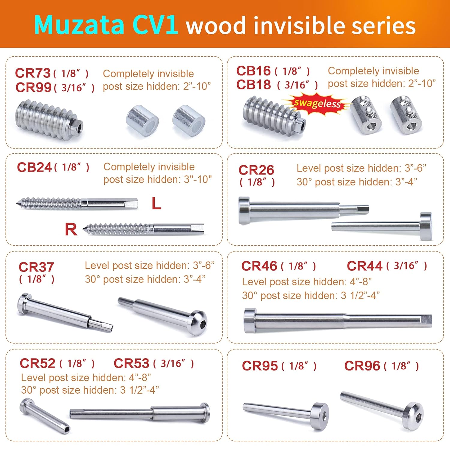 10Pair Invisible Cable Railing Kit T316 Stainless Steel U73606