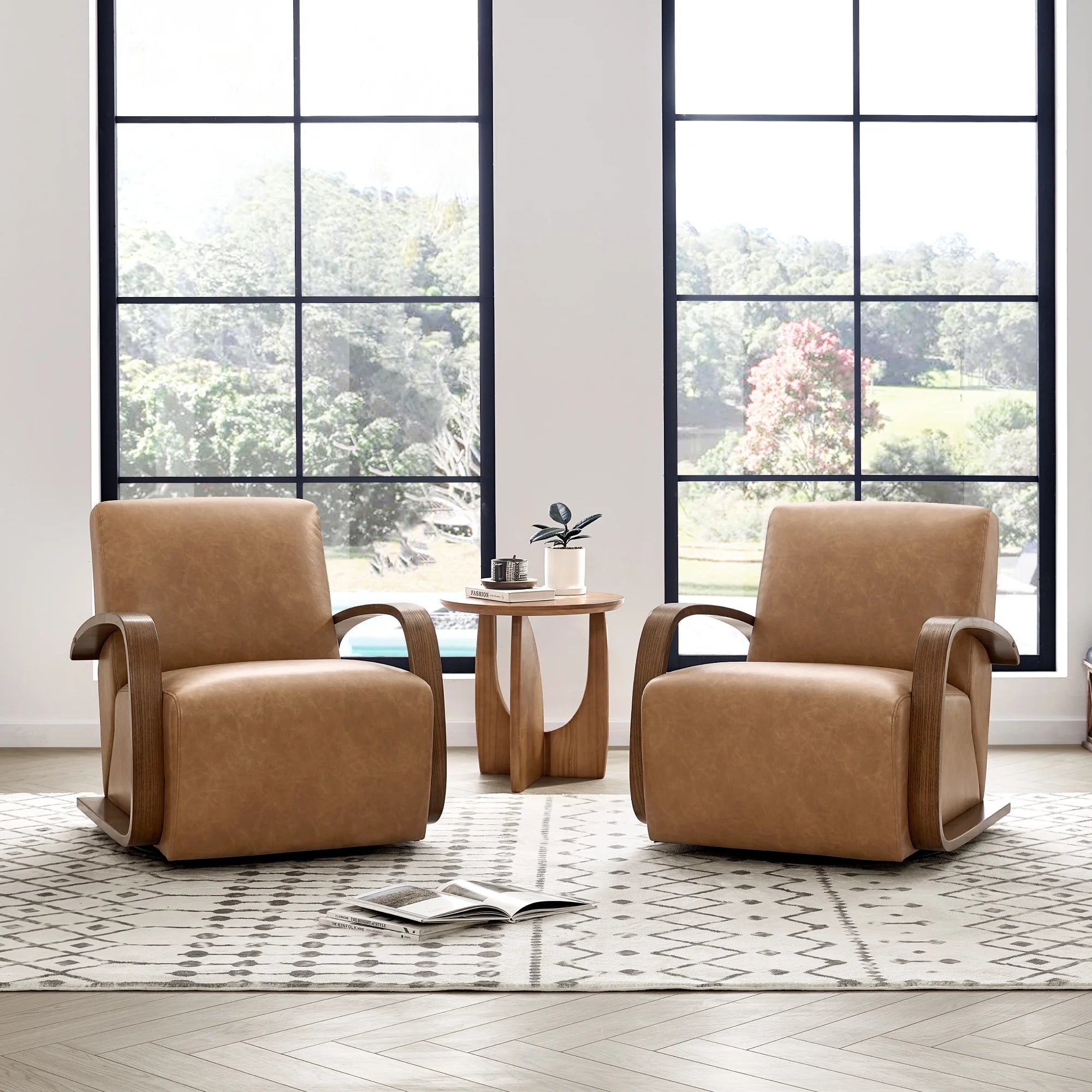 Cognac Brown & Walnut Swivel Accent Chair with U-shaped Wood Arm K65897