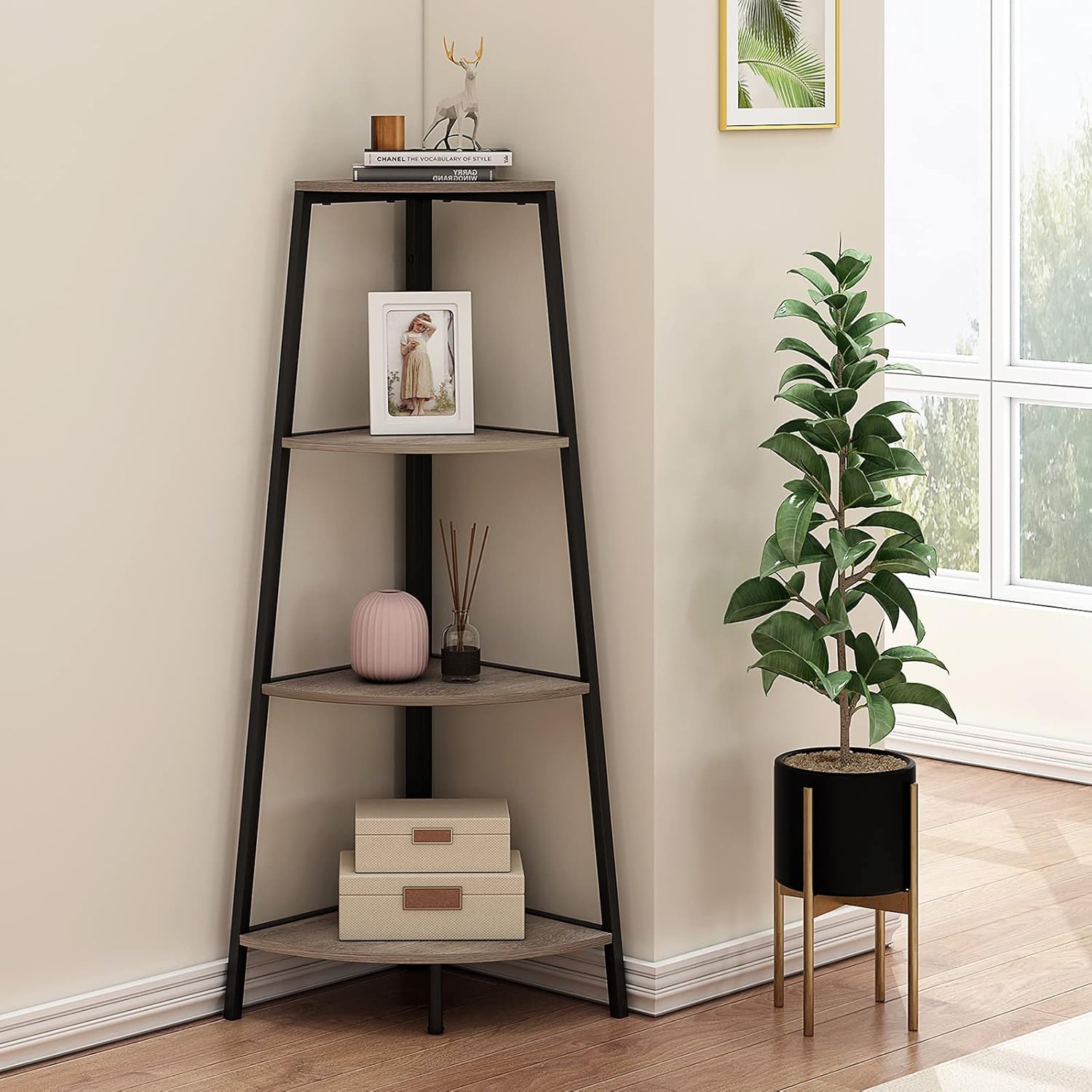 Grey 4 Shelves Corner Bookcase V588274