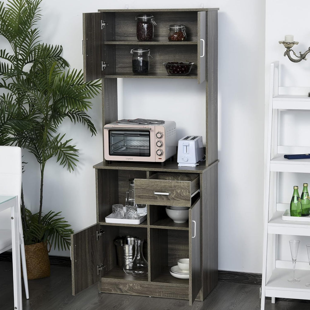 Grey Kitchen Buffet with Hutch Pantry Storage, 2 Cabinets, Adjustable Shelves S8392