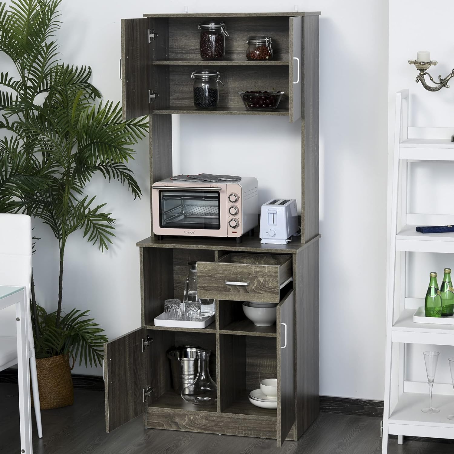 Grey Kitchen Buffet with Hutch Pantry Storage, 2 Cabinets, Adjustable Shelves S8392