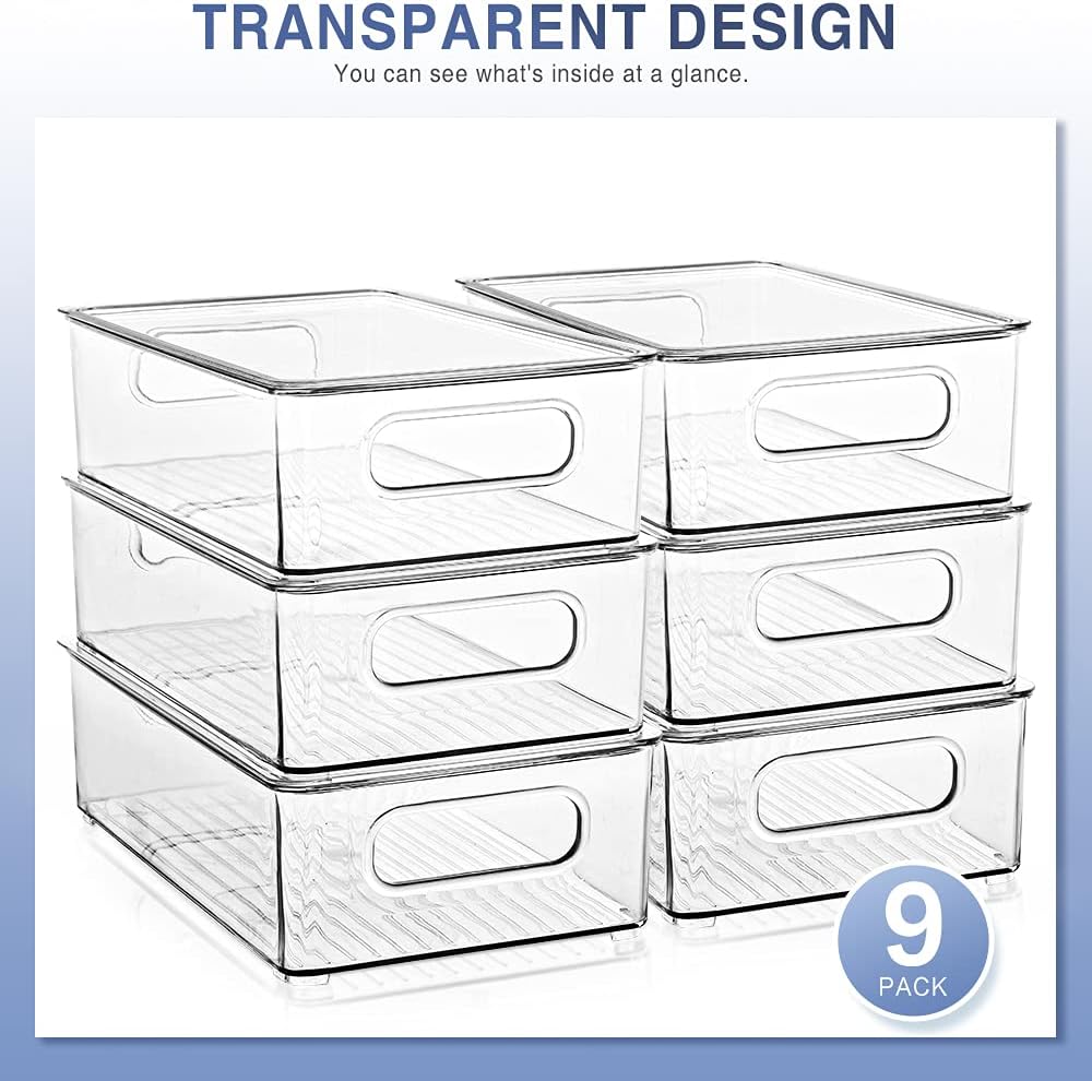 8 Pack Large Clear Fridge Organizer Bins with Lids and Handles E3603