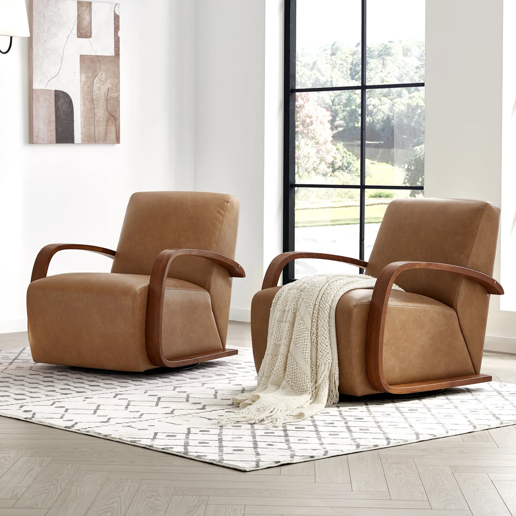 Cognac Brown & Walnut Swivel Accent Chair with U-shaped Wood Arm K65897