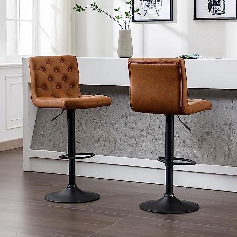 Set of 4 Adjustable Swivel Counter Height Stools with Button Tufted Back Faux Leather Upholstered Island Chairs with Footrest Black V7374