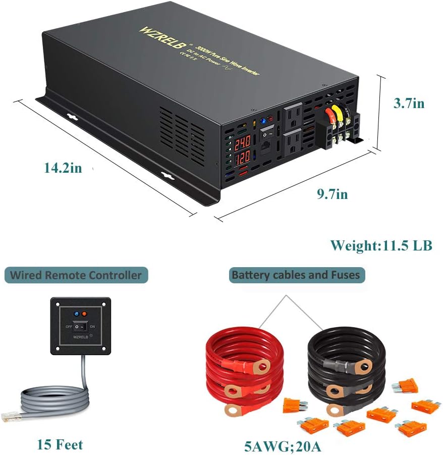 3000 Watt 24V DC Pure Sine Wave Power Inverter with Remote Control Switch, Dual 110V 120V AC Outlets Q291