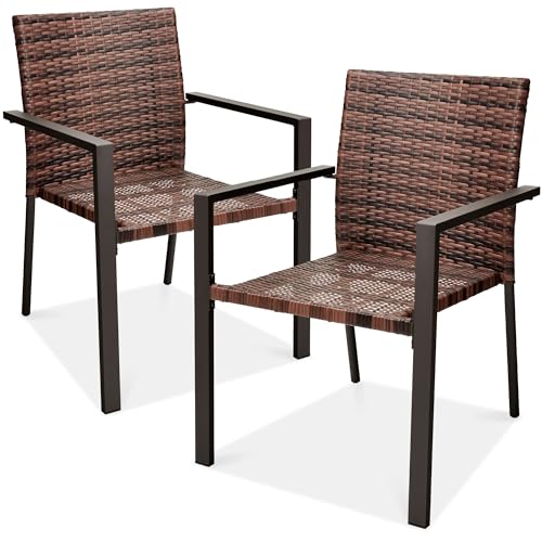 Set of 2 Stackable Outdoor Wicker Dining Armchair with Steel Frame Light Brown J4218