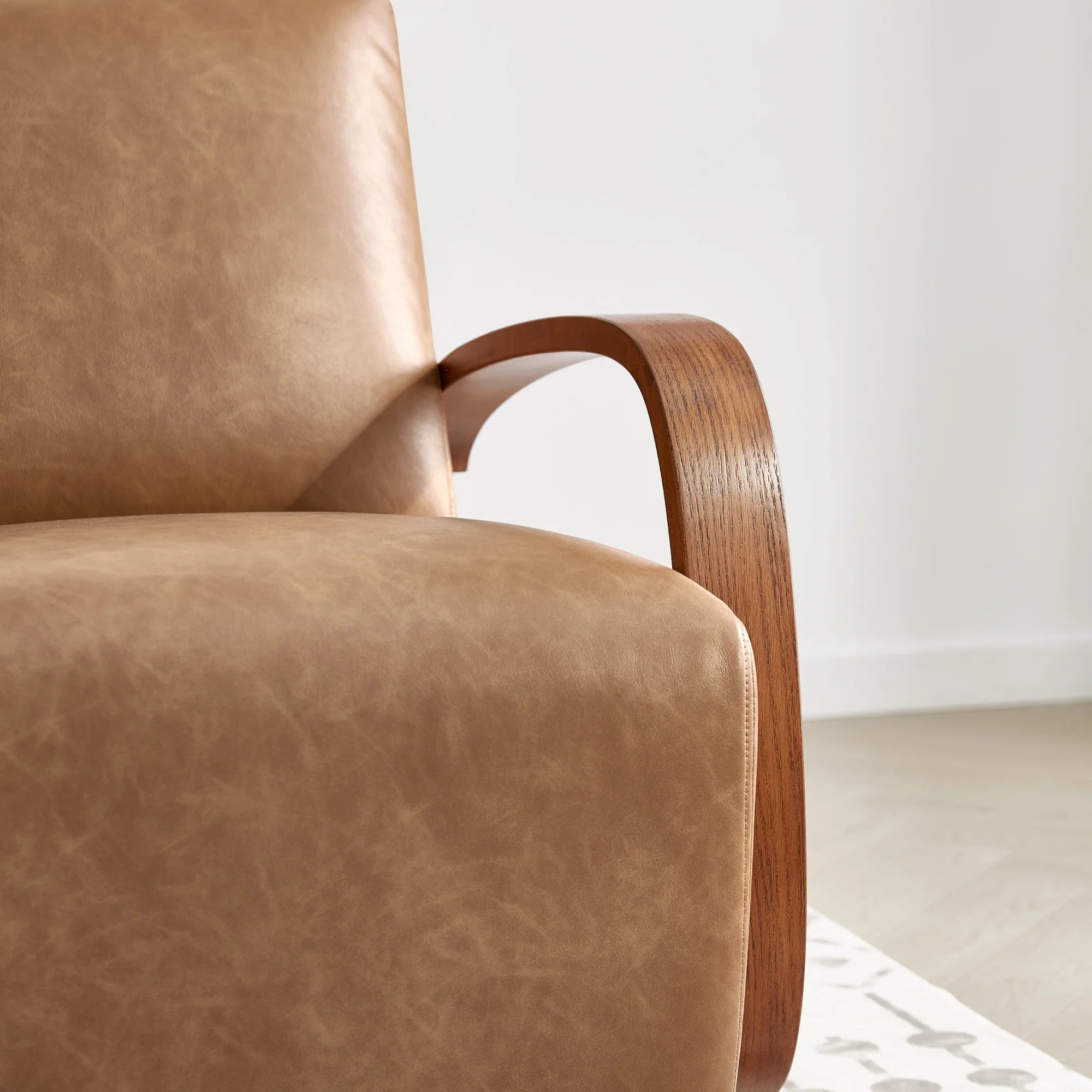 Cognac Brown & Walnut Swivel Accent Chair with U-shaped Wood Arm K65897