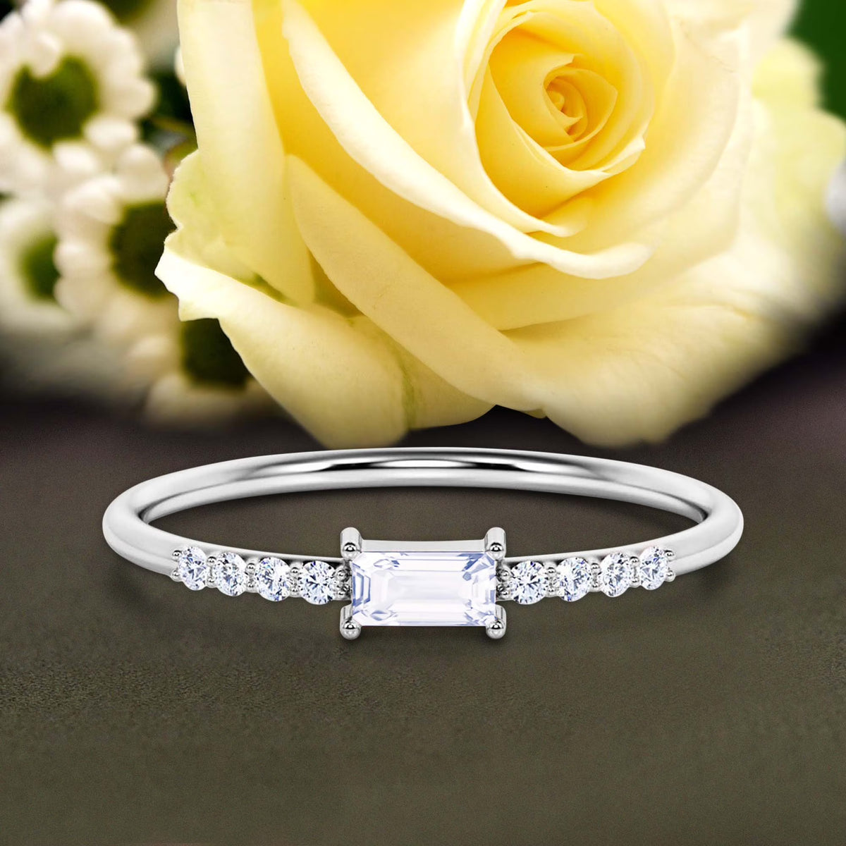 Emerald Cut Diamond Moissanite Engagement Ring in 10k Solid White Gold E390843