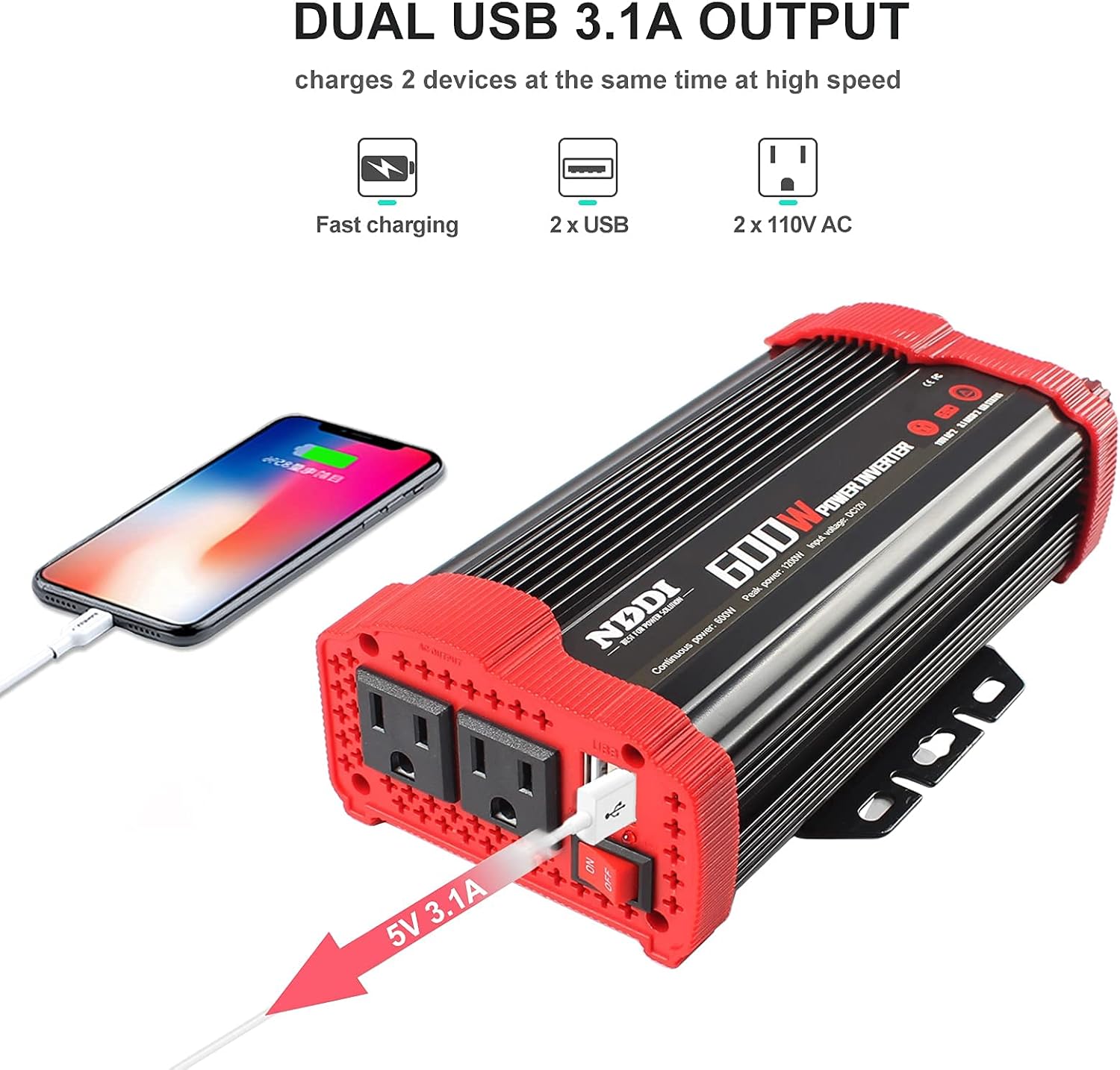 600W Car Power Inverter 12V DC to 110V AC Converter with Dual USB G735